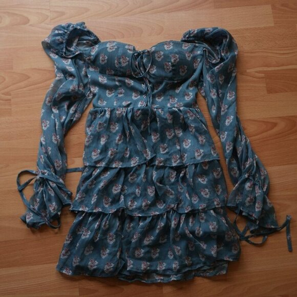 Corset Cottagecore Princess Blue Puff Sleeve Dress - Picture 1 of 4